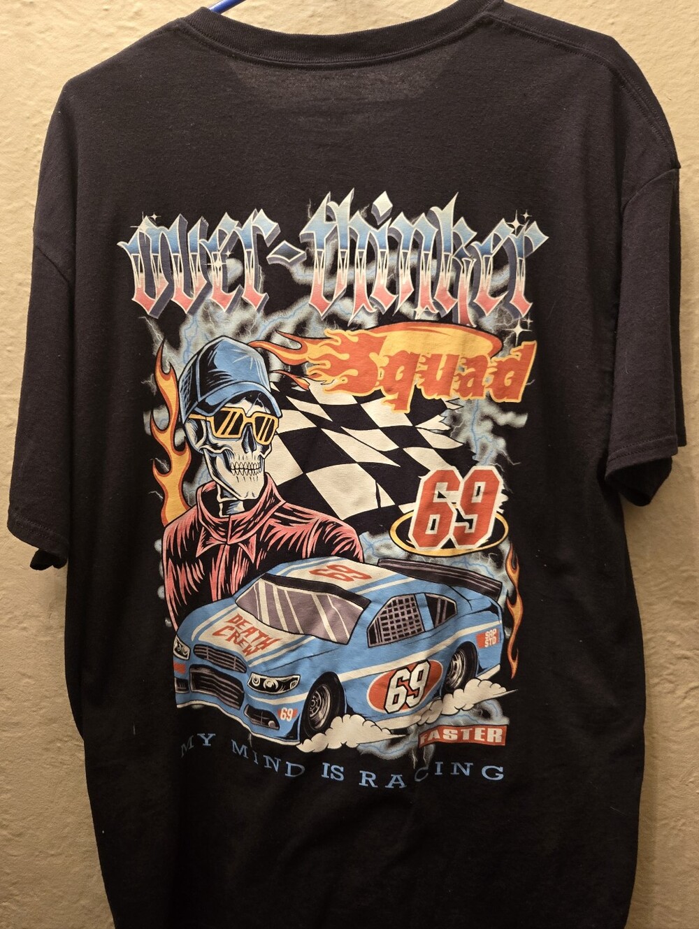 Happy House Over Thinker Graphic Tee Black Racing Skeleton Car Oversized T-Shirt